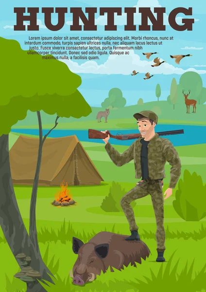 Bannière sport de chasse avec chasseur, animal et oiseau — Image vectorielle