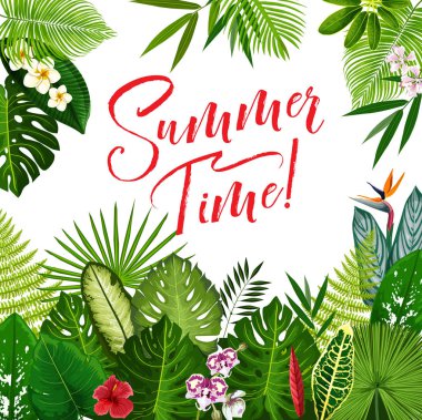 Yaz saati poster tropikal çiçek ve palm ile