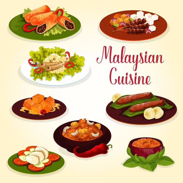 Ikon masakan Malaysia dengan bahan makanan eksotis - Stok Vektor