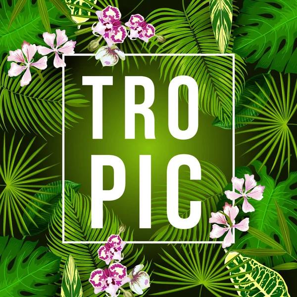 Palma tropical e cartaz de flores para férias de verão — Vetor de Stock