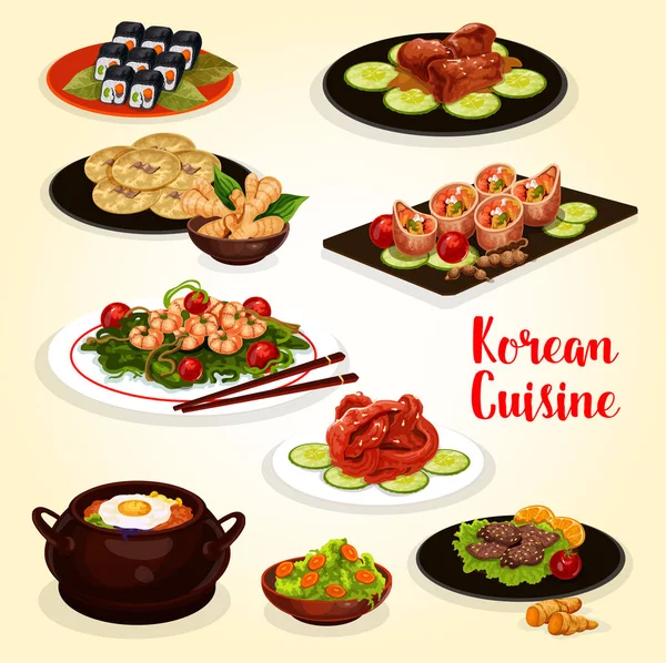 Cocina coreana icono de menú de carne y mariscos plato — Vector de stock