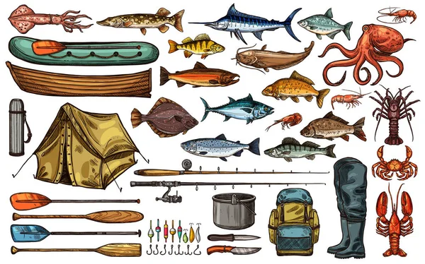 Equipamentos de pesca e troféu de pescador esboço de peixe — Vetor de Stock