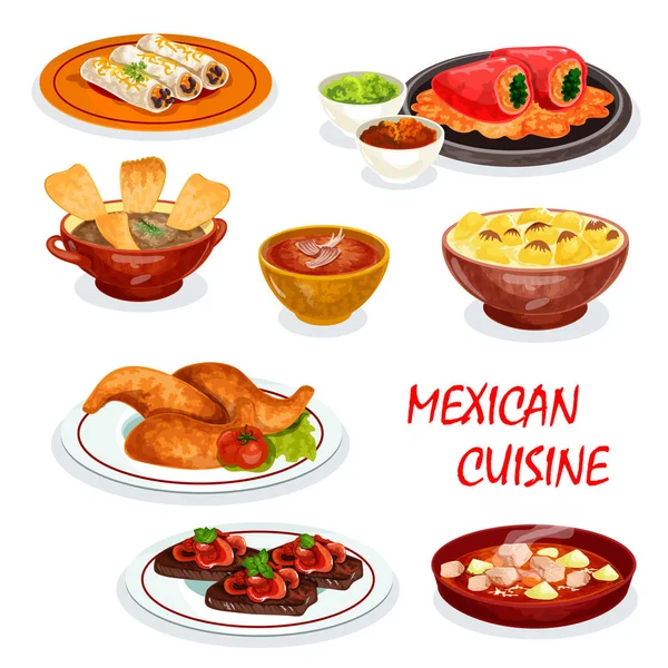 Masakan Meksiko ikon makan malam dengan makanan ringan dan saus - Stok Vektor