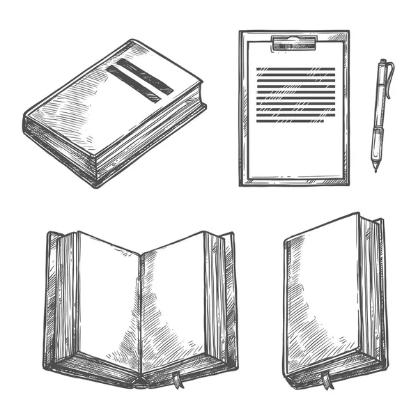 Diseño de libro, cuaderno, pluma y portapapeles — Vector de stock