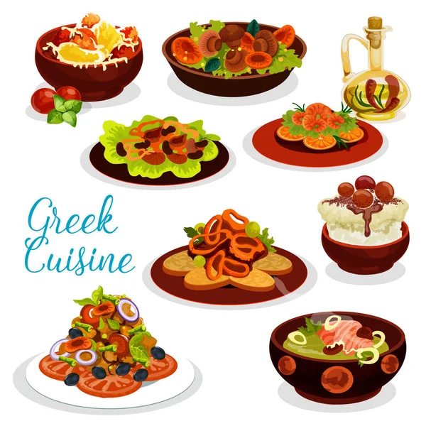Griechische Küche Ikone der Meeresfrüchte Mittagessen mit Dessert — Stockvektor
