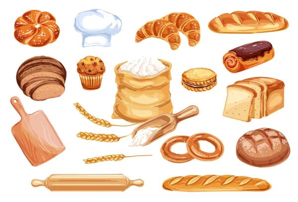 面包水彩图标的小麦食品产品 黑麦和小麦面包 法式面包和羊角面包 蛋糕和土司 面包和百吉饼 面粉袋 贝克帽和木制滚针 — 图库矢量图片