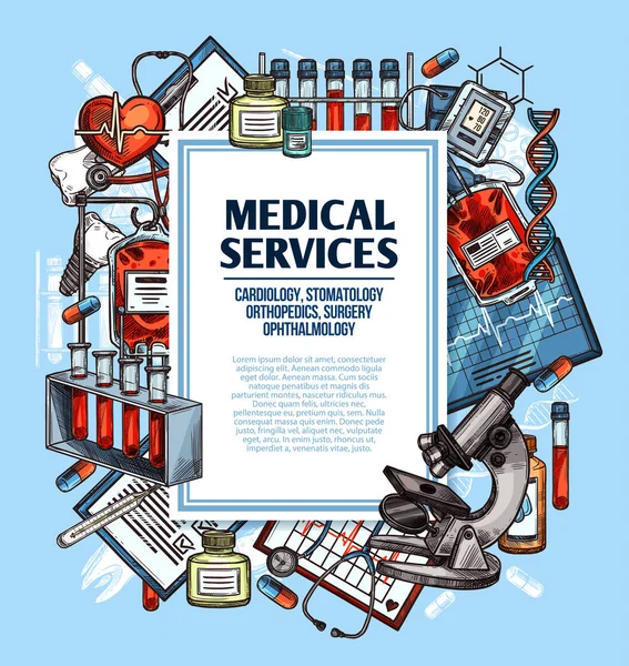 Medical service poster with medicine sketch frame — Stock Vector