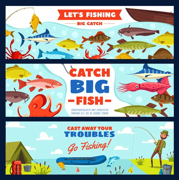 Banner de pesca con pescador, pescado, caña y anzuelo — Vector de stock