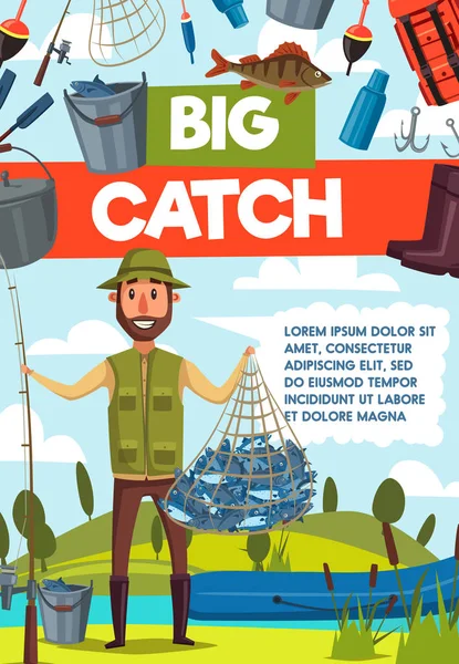 Pescador con gran captura de peces y bandera de caña — Vector de stock