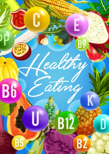 Manifesto di alimenti vitaminici per una sana alimentazione di design — Vettoriale Stock