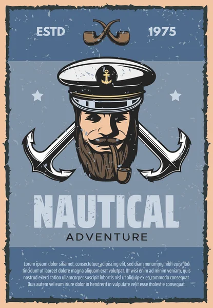 Ancla náutica y bandera vintage capitán de mar — Vector de stock
