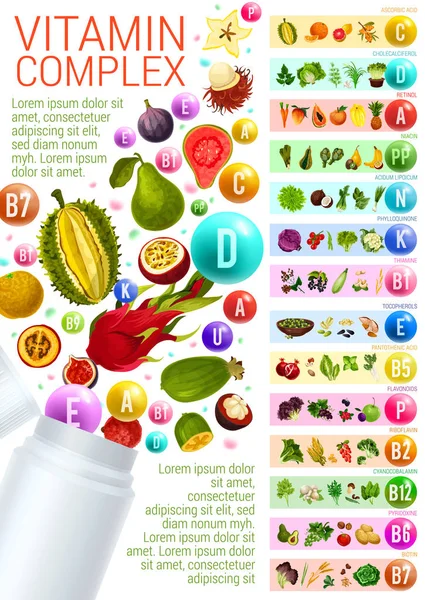 Complexe vitaminique avec des sources alimentaires végétariennes — Image vectorielle
