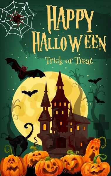 Halloween horror house and pumpkin greeting card — Stock Vector