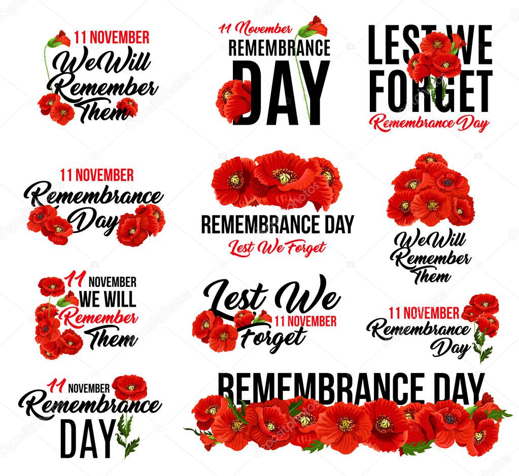 Remembrance Day poppy flower icon. Memorial Day floral symbol of red poppy flower wreath with Lest We Forget text for 11 November Armistice Day anniversary celebration in British Commonwealth