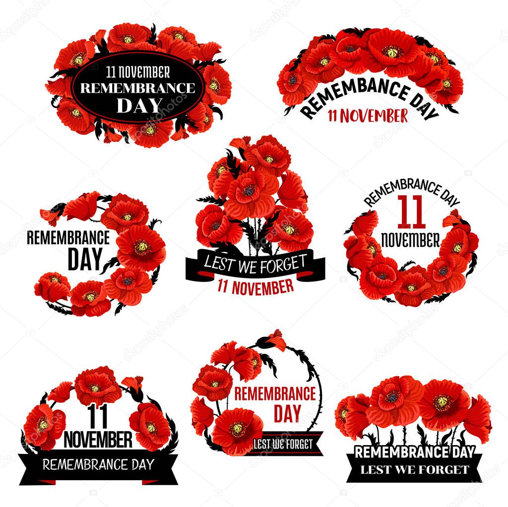 Remembrance Day red poppy flower wreath icon with black memorial ribbon. World War soldier and veteran Memory Day design with British legion poppy flower