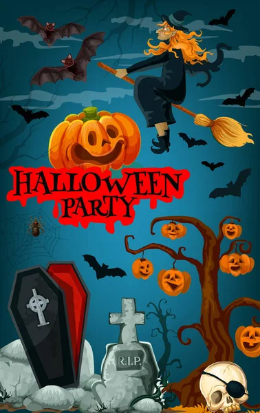 Banner de festa de Halloween com bruxa e abóbora —  Vetores de Stock
