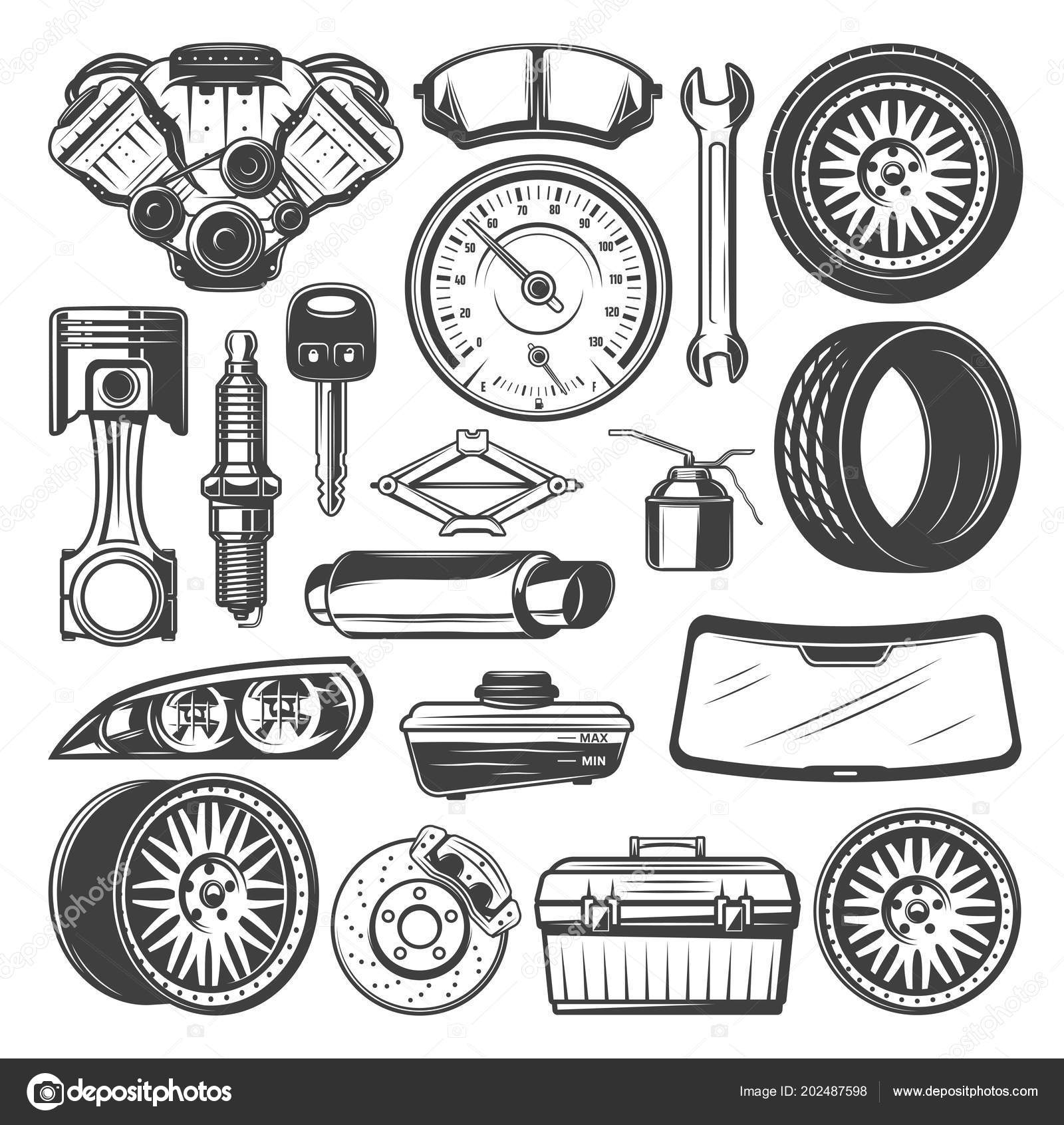 Car spare parts and instruments vector sketch set Stock Vector Image by