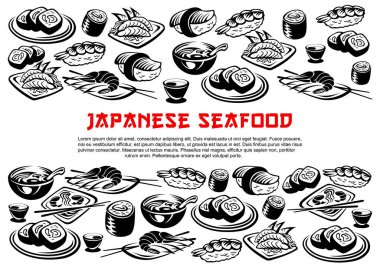 Vektör rulo ve Suşi Japon deniz ürünleri posteri