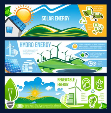 Ekoloji ve çevre dostu enerji için güneş, Rüzgar ve hidro enerji banner. Yeşil ev, güneş paneli, Rüzgar türbini ve hidro İstasyonu poster ile enerji tasarruflu ampul, işaret ve Eko araba geri dönüşüm