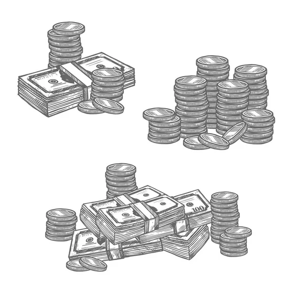 Dolarové bankovky nebo centů mince vektorové skica ikony — Stockový vektor