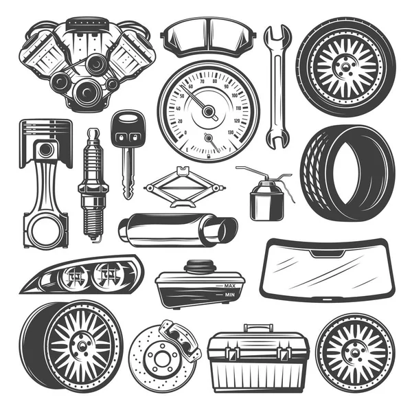 Car spare parts and instruments vector sketch set — Stock Vector