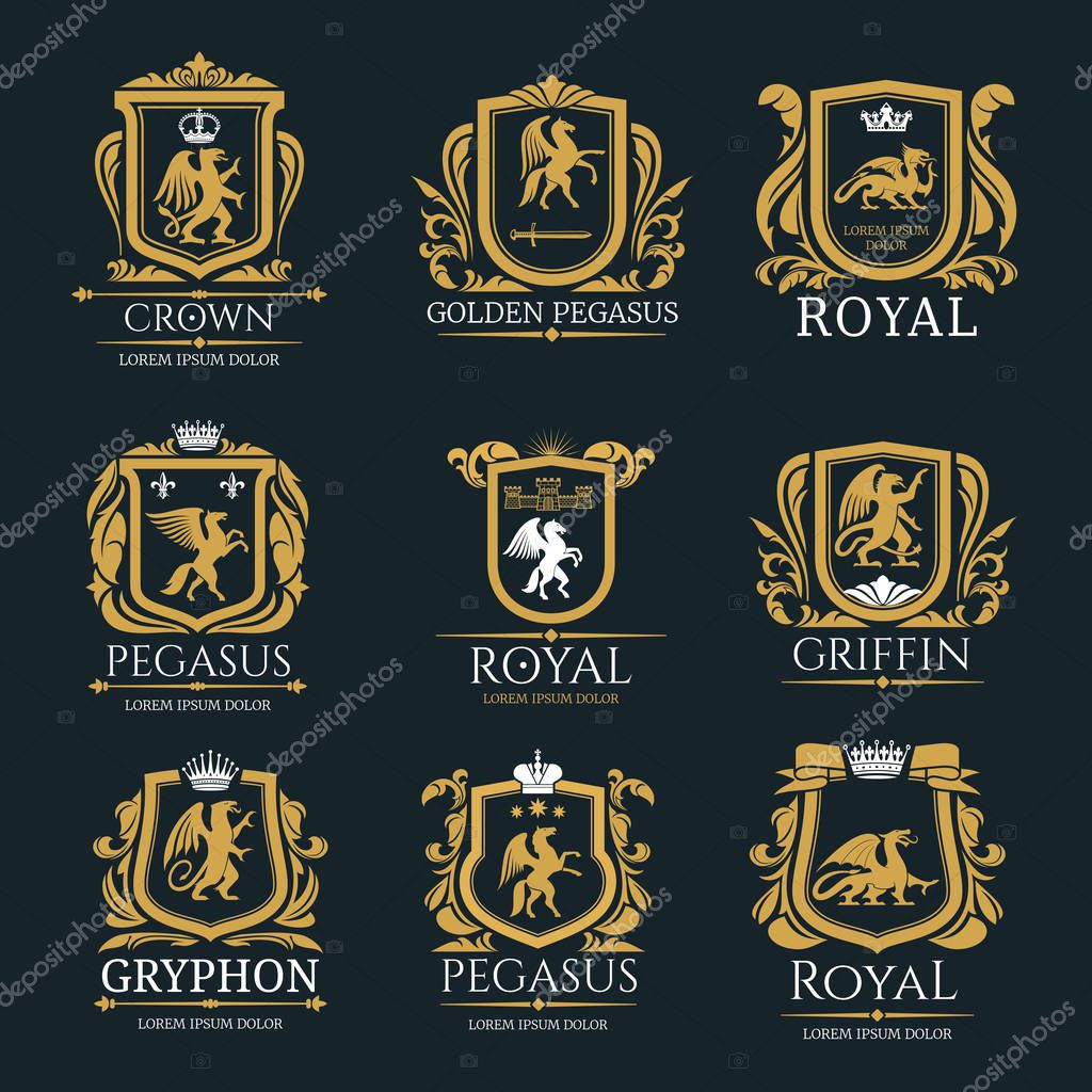 Heraldic royal coat of arms and heraldry signs set of Pegasus horse, Griffin bird or animal with golden crowns and stars. Vector isolated heraldic badges of mystic creatures in ornate shields