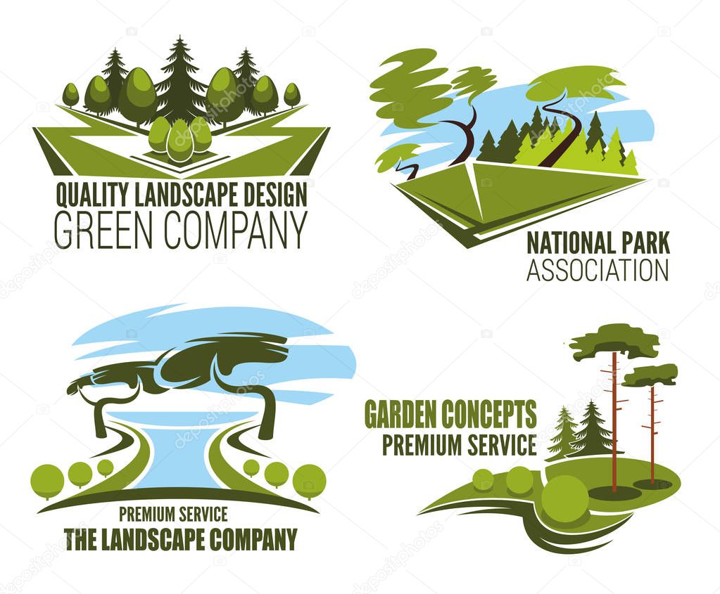 Landscape design company icon with park, garden and forest tree. Green plant and grass isolated symbol for landscaping architecture studio and lawn care service emblem design