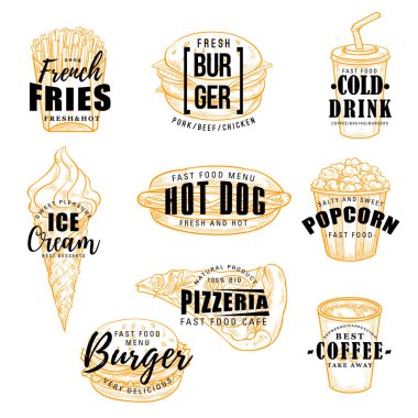 Fast food etiket burger, içki ve tatlı ile