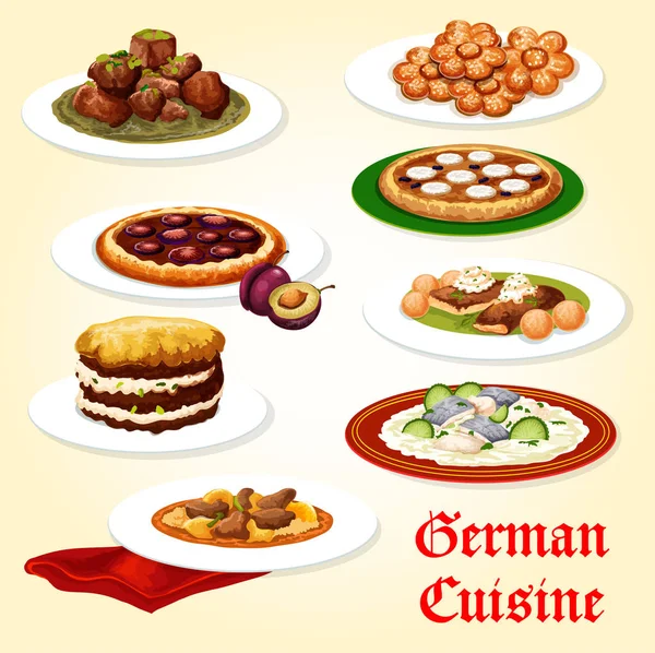 Ikon masakan Jerman hidangan makan malam dengan hidangan penutup - Stok Vektor
