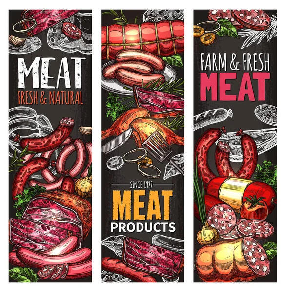 Banner de carnicería con pizarra de carne y salchicha — Vector de stock