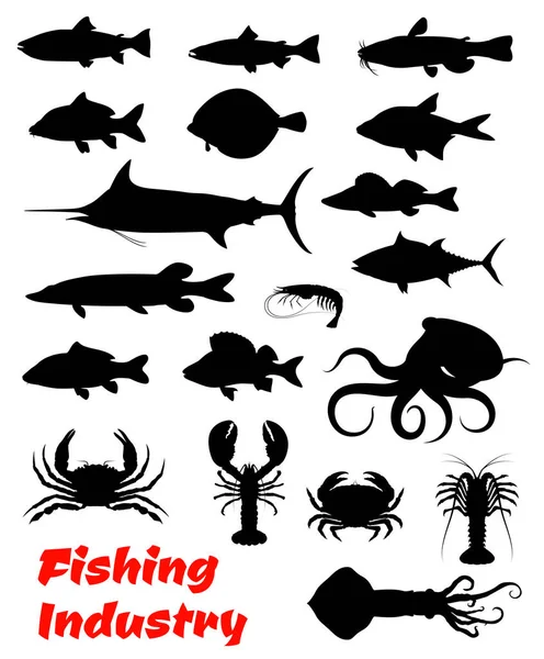 Poisson et fruits de mer icône noire pour la conception de la pêche — Image vectorielle