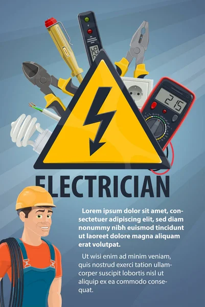 Eletricista com equipamento elétrico, banner ferramenta — Vetor de Stock