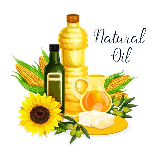 Cartel de aceite ecológico con oliva, maíz y girasol — Vector de stock