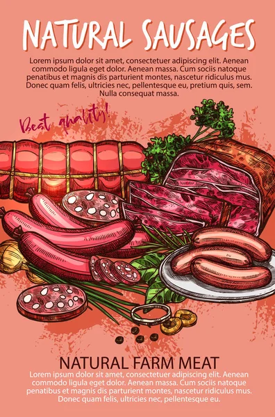 Banner de salsicha com carne de vaca e porco produto de carne — Vetor de Stock