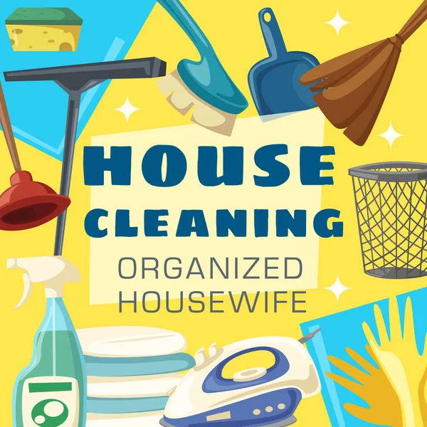 Cartel de limpieza de la casa con marco de artículo doméstico — Vector de stock