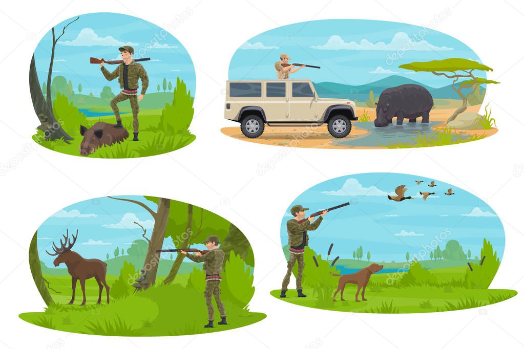 Hunter aiming rifle at animal cartoon icon design