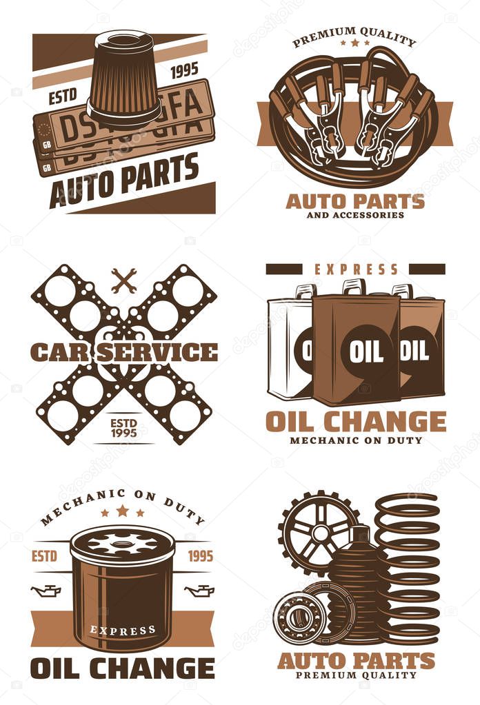 Car service retro icon of motor oil change shop, auto parts store and auto repair station emblem design. Vintage motor oil can, gear wheel and number plate, filter, cell spring, jumper cables and jack