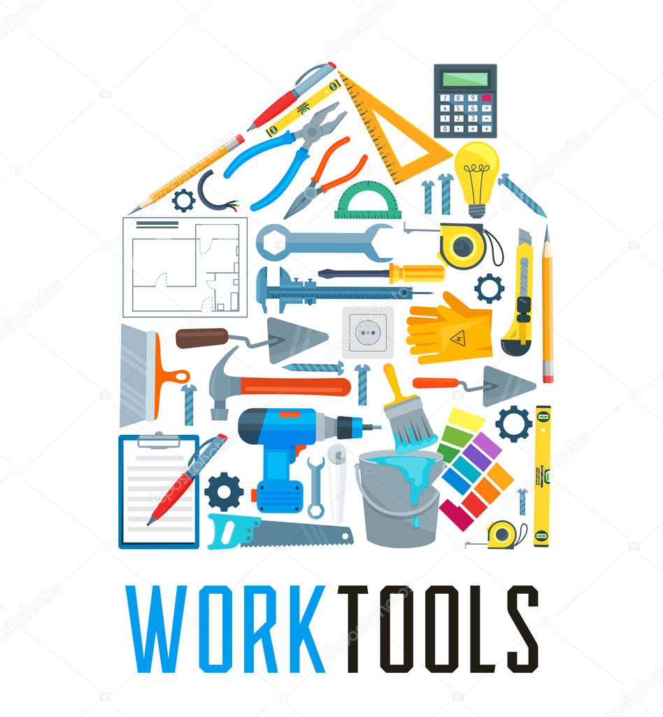 House with work tool icons for home repair design