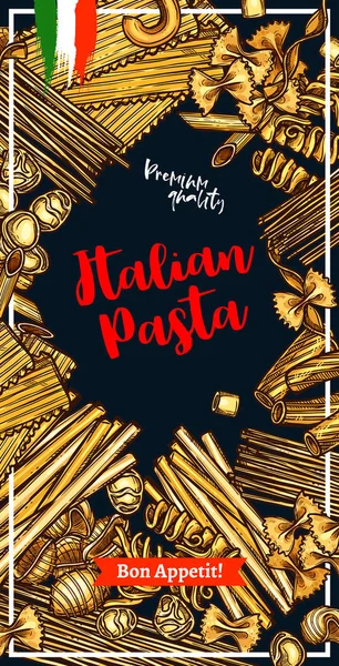 Banner de pasta con marco de boceto de macarrones italianos — Vector de stock