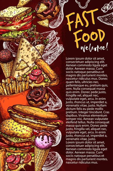 Fast food restauracja transparent z śmieci posiłek szkicu — Wektor stockowy