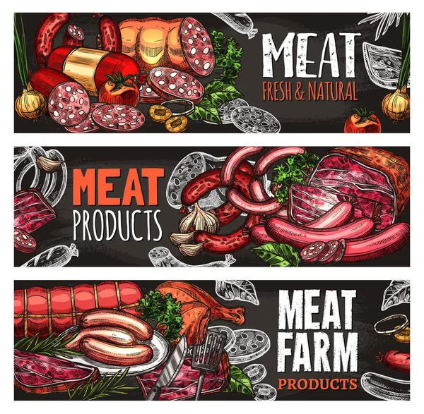 Banner de pizarra de carne y salchichas para el diseño de alimentos — Archivo Imágenes Vectoriales