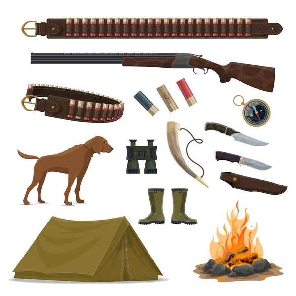 사냥꾼 무기와 장비 아이콘 사냥 디자인의 — 스톡 벡터