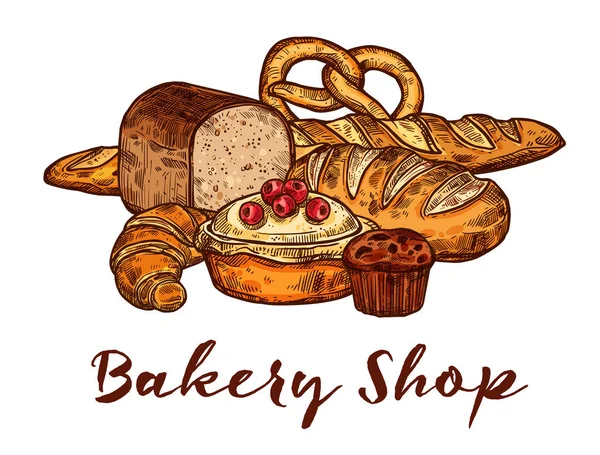 Náčrt shop pekárna celozrnný chléb a pečivo potraviny — Stockový vektor