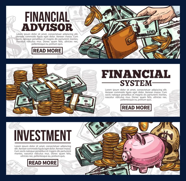 Pénzügyi és befektetési banner pénz pénzneme — Stock Vector