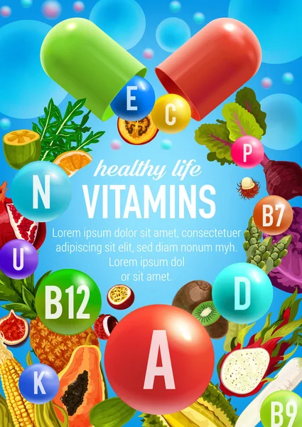 Cartel vectorial de verduras y frutas vitaminas — Archivo Imágenes Vectoriales