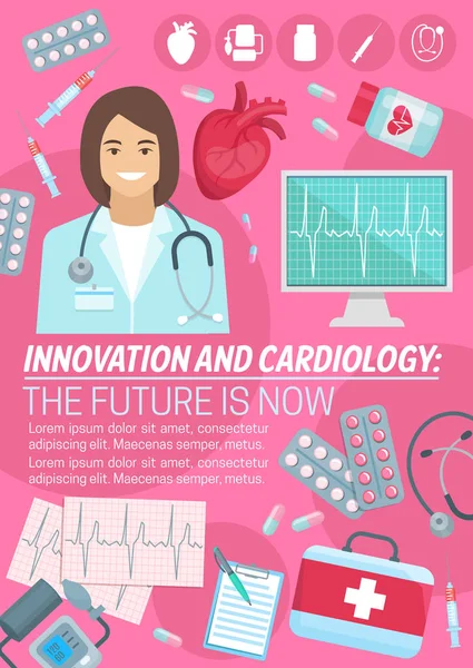 Cartaz vetorial para cardiologia cardíaca medicina —  Vetores de Stock