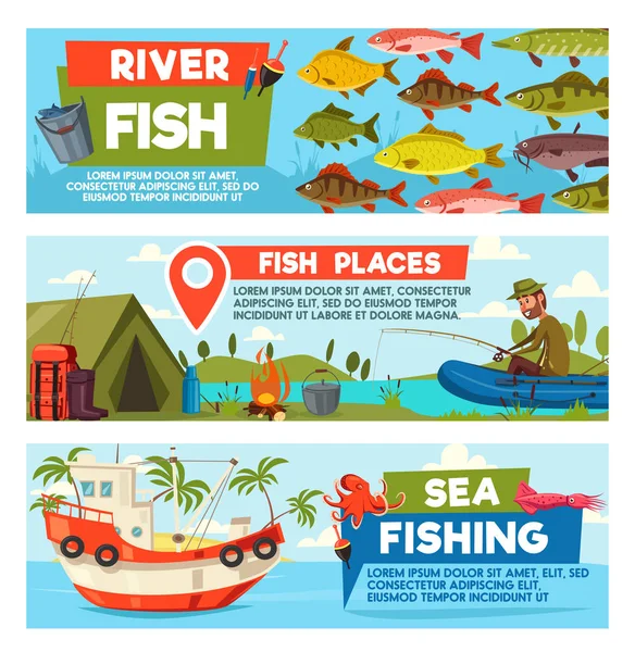 Vector pescador em bandeiras de desenhos animados de pesca —  Vetores de Stock