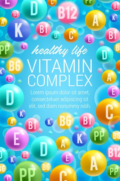 Vitaminok és multivitaminok vektor-poszter — Stock Vector
