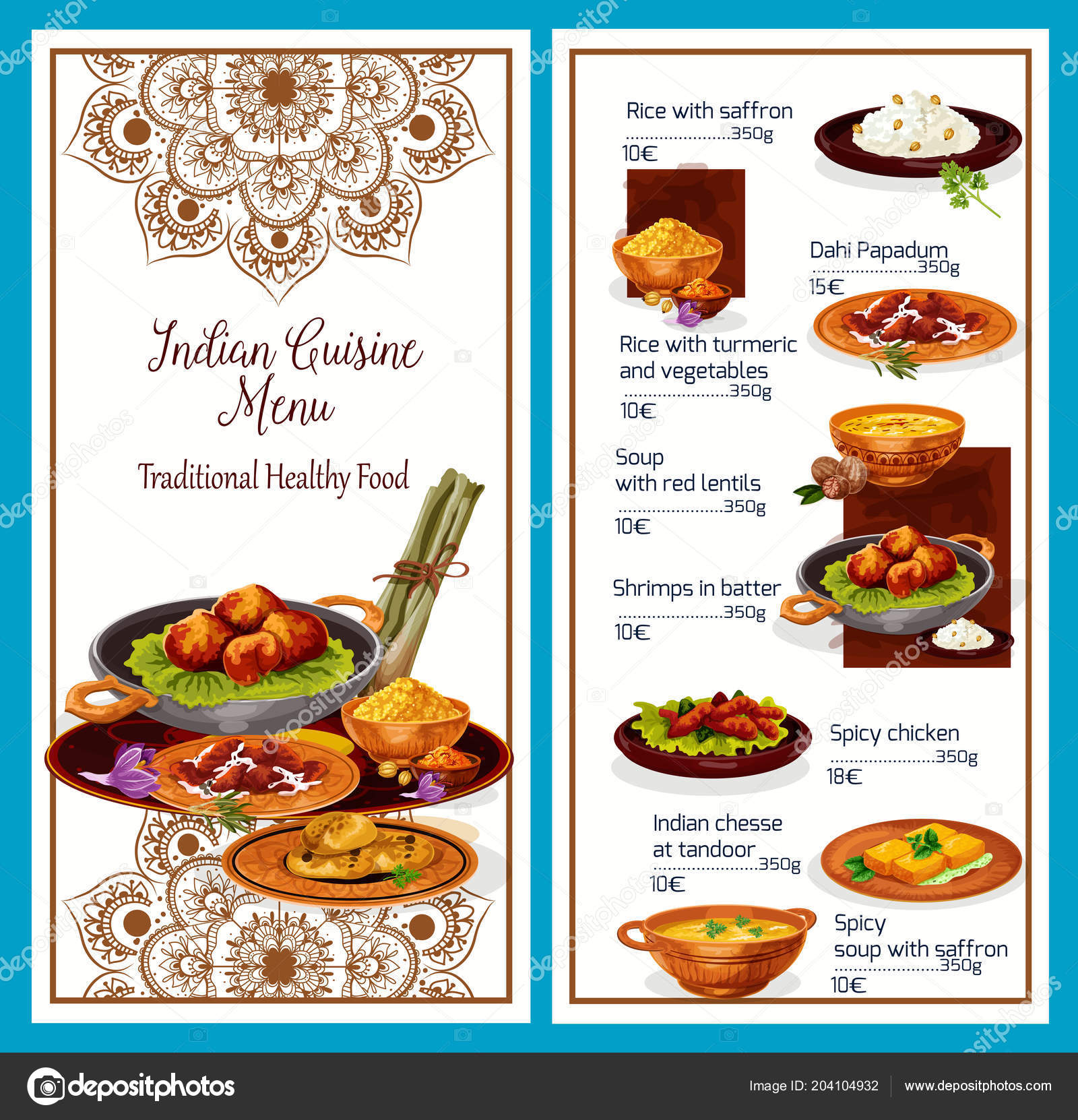 Indian cuisine menu with traditional healthy food Stock Illustration by ...