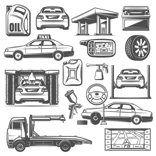 Opravy a servis vozidel údržby ikony vektor — Stockový vektor